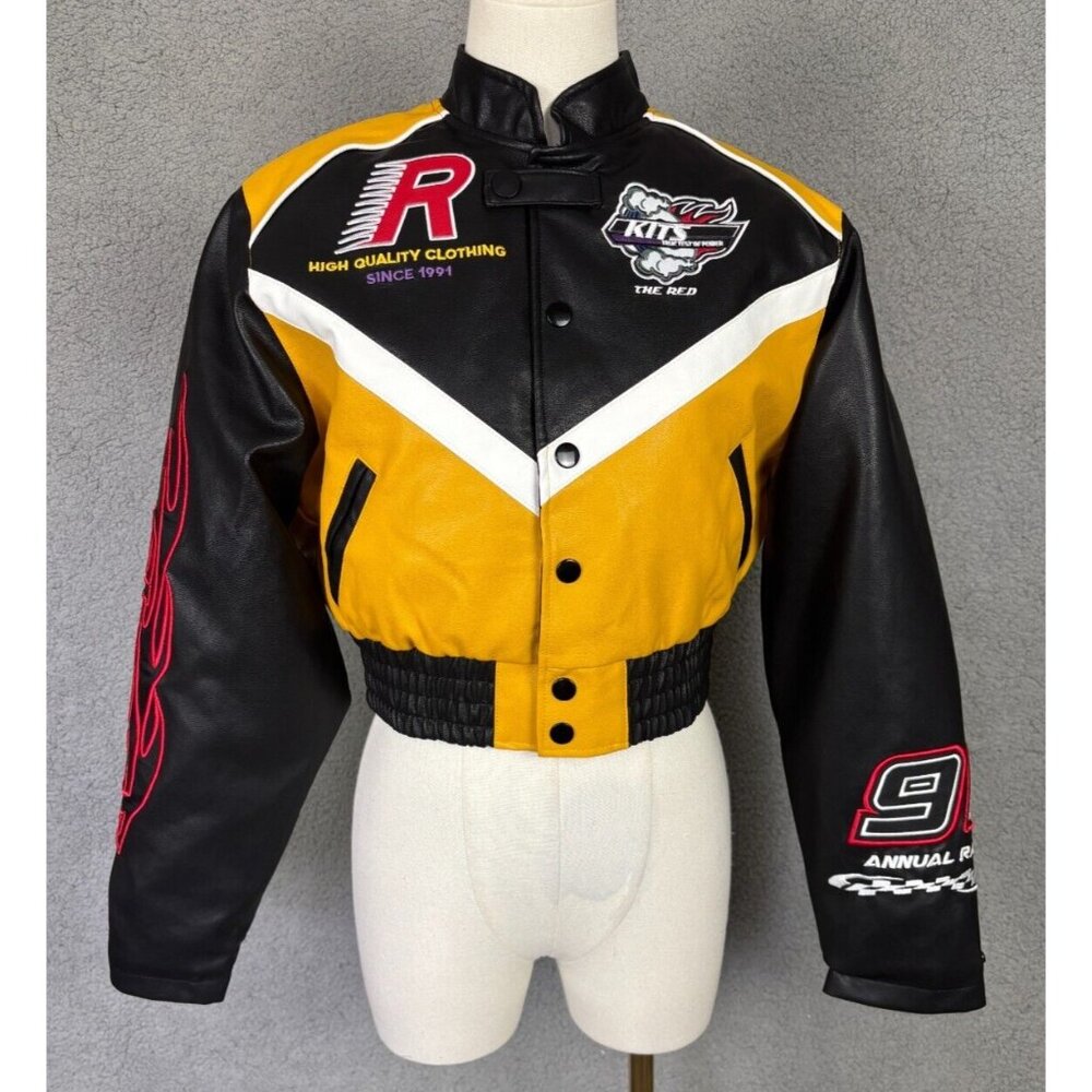 Smoke Rise Cropped Vegan Leather Racing Bomber Jacket Yellow Small NWTs